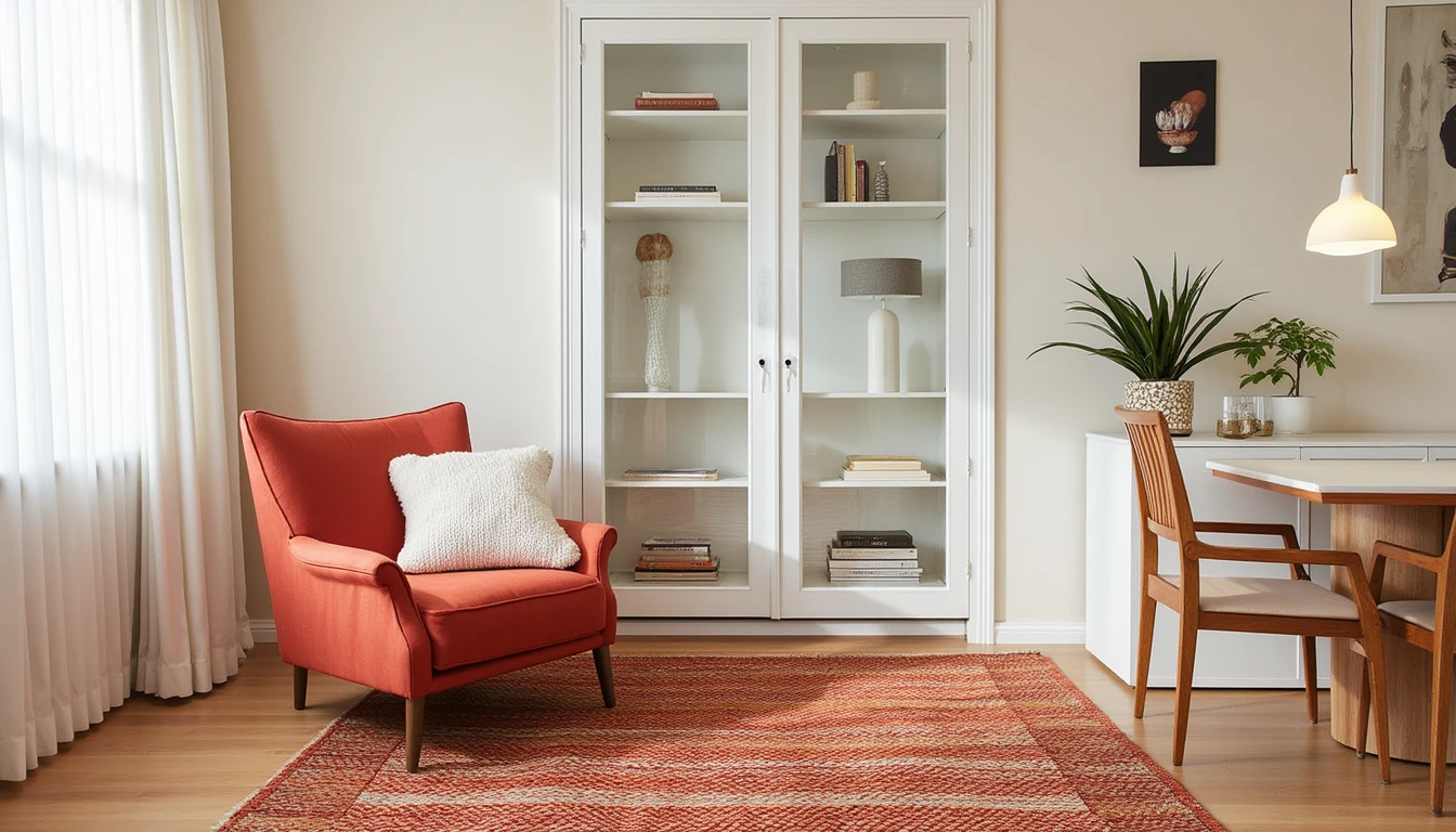 Flat weave kilim rug in warm red and gold tones layered in a cozy reading corner