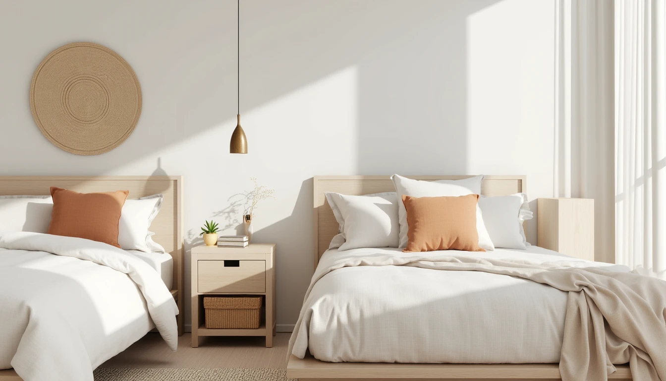 small whitewashed wood nightstand in a bright bedroom with warm white and sand tones