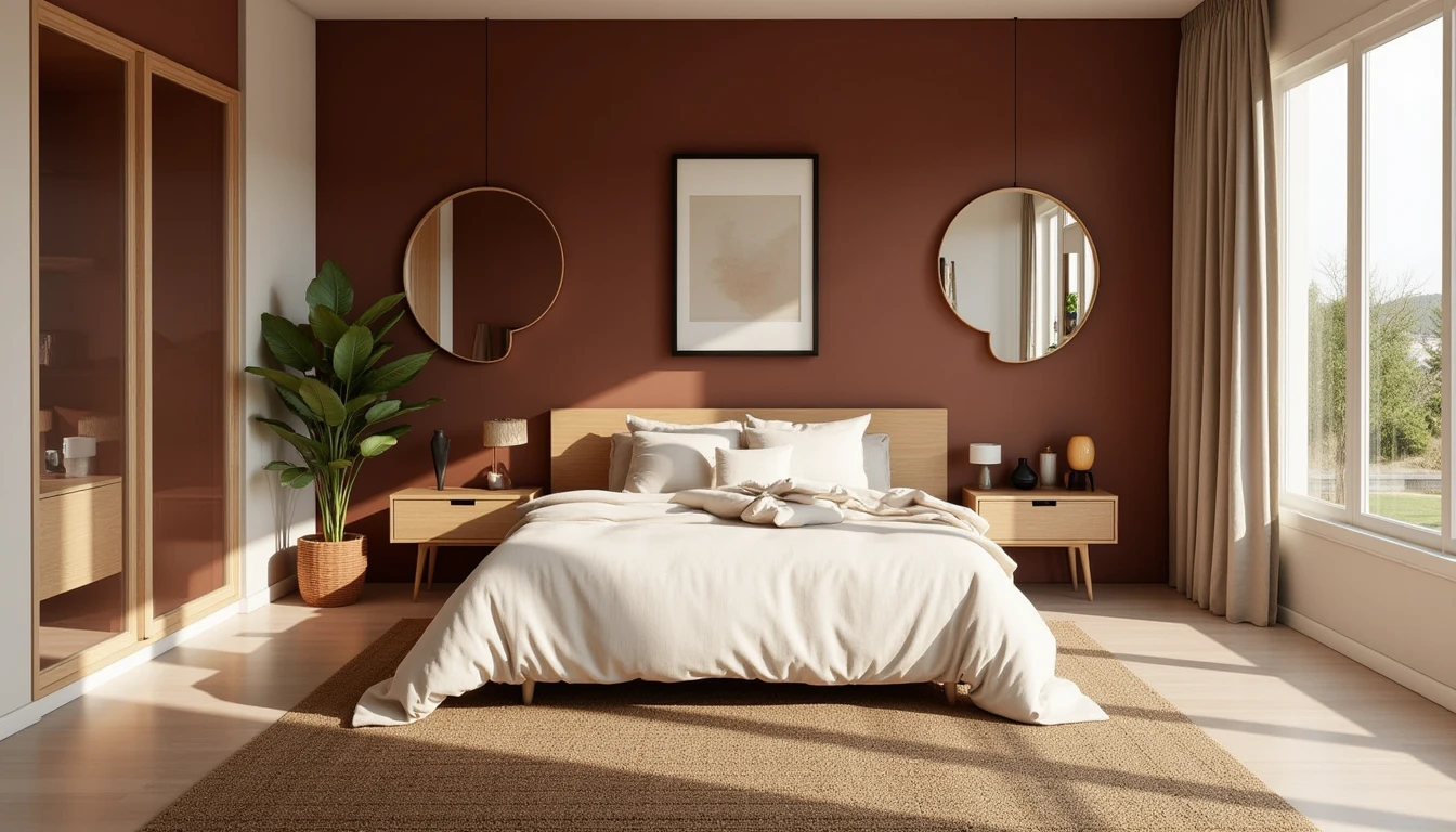 chocolate brown color drenched bedroom with cream bedding and warm wood tones