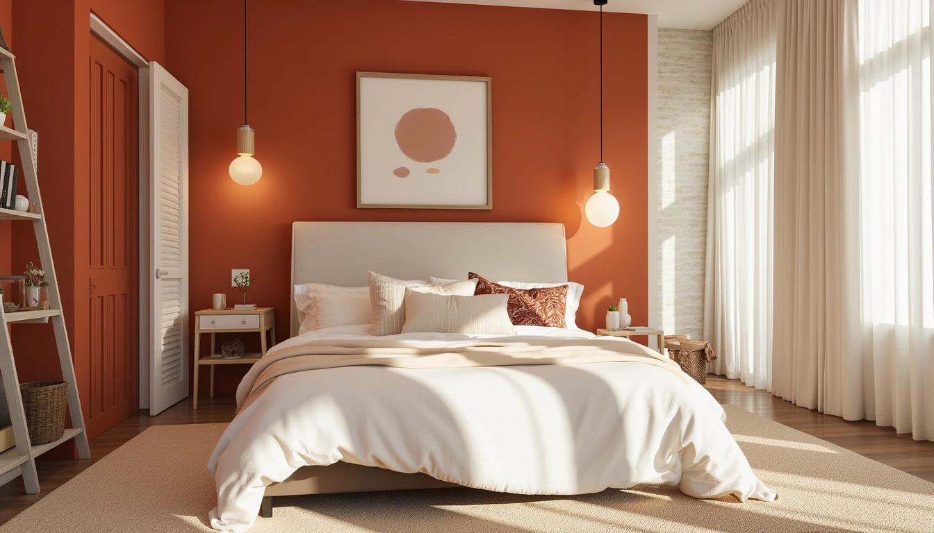 clay and ochre color drenched bedroom with sun baked Mediterranean inspired tones