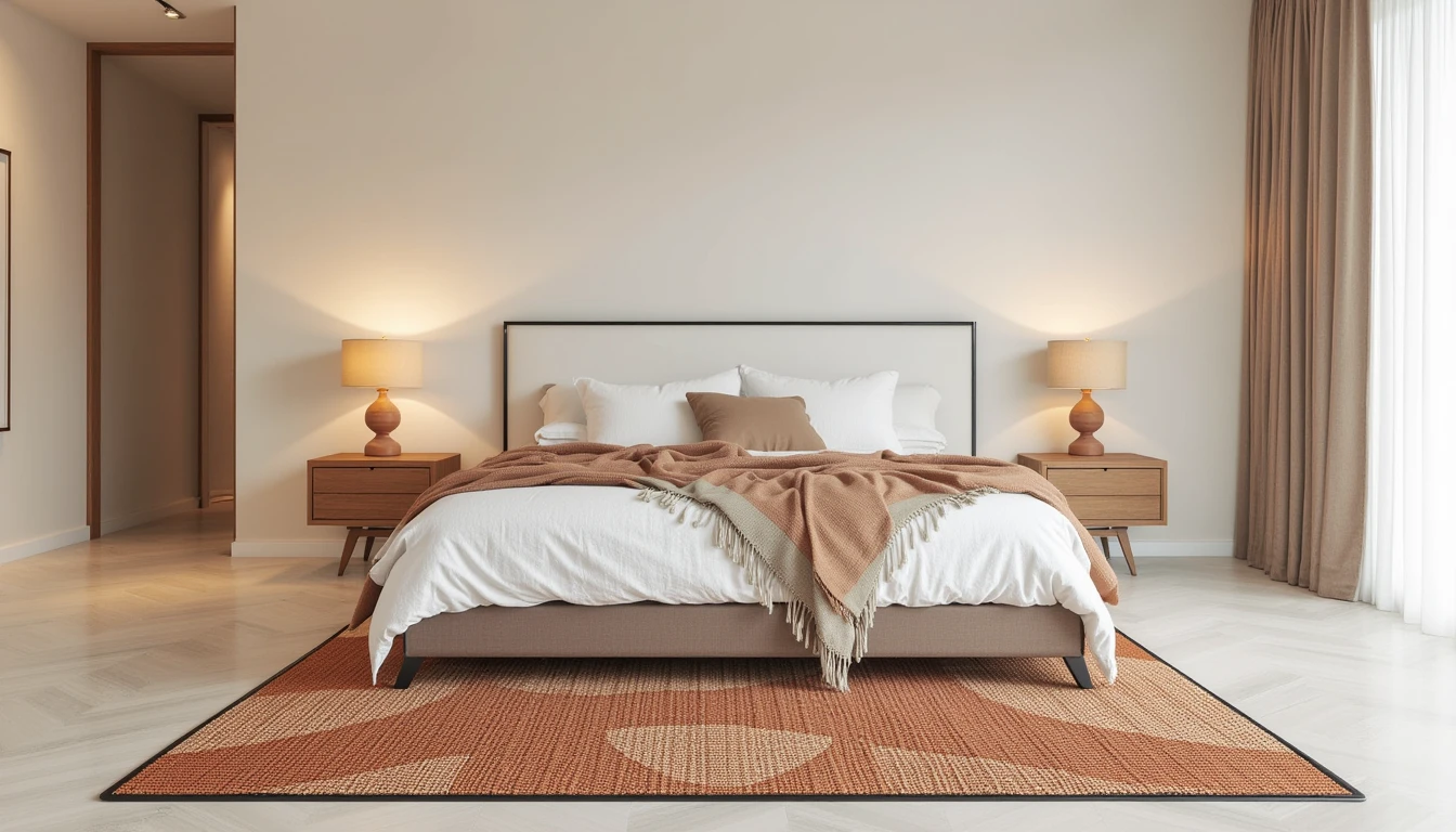two matching small rugs placed symmetrically on either side of a queen bed