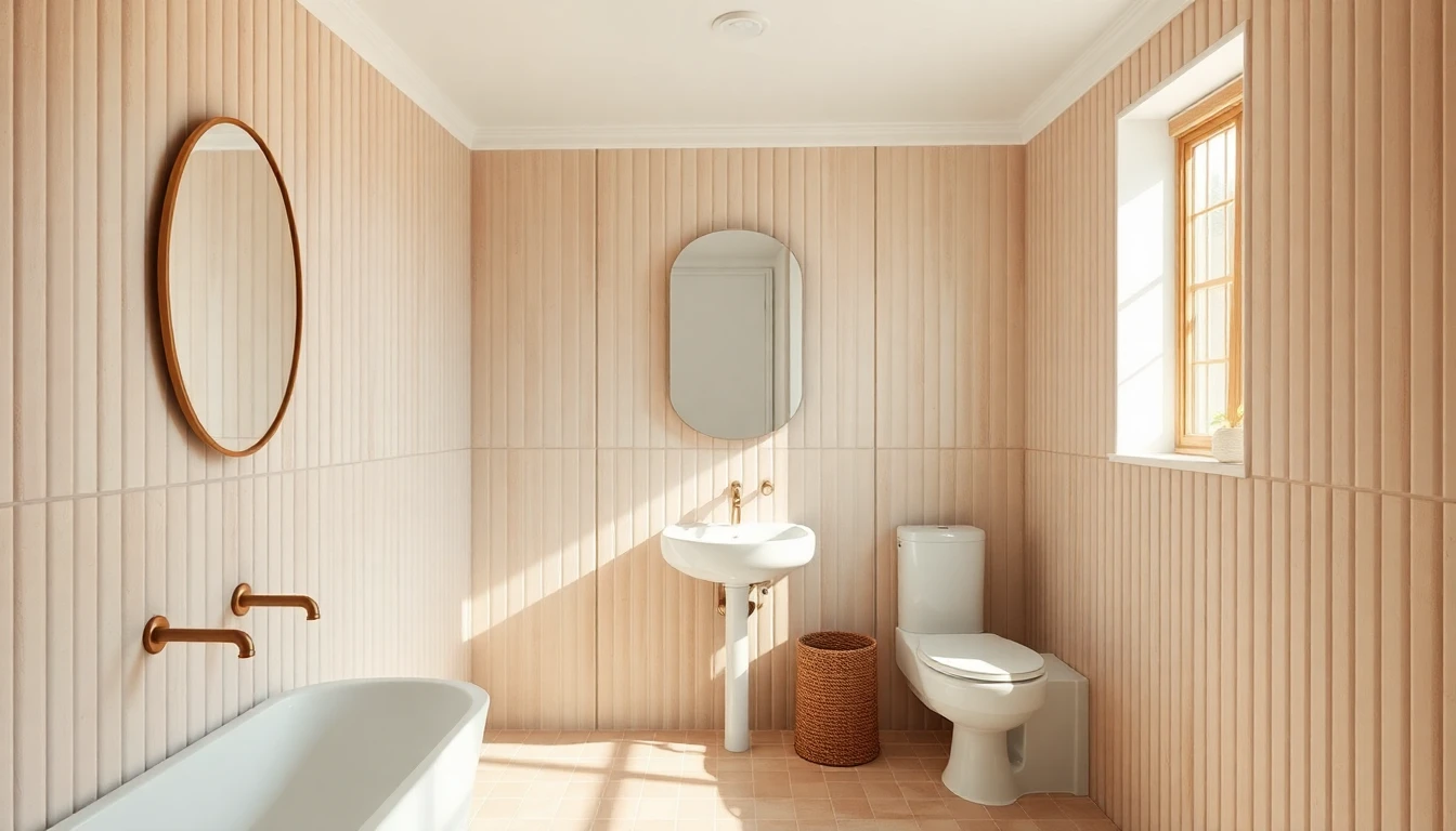 Small bathroom with vertically laid narrow tile and a pale color palette that visually raises the ceiling