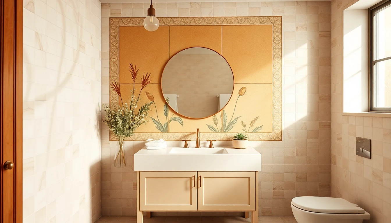 Bathroom vanity wall featuring a bold hand,painted tile mural framed by plain surrounding tile
