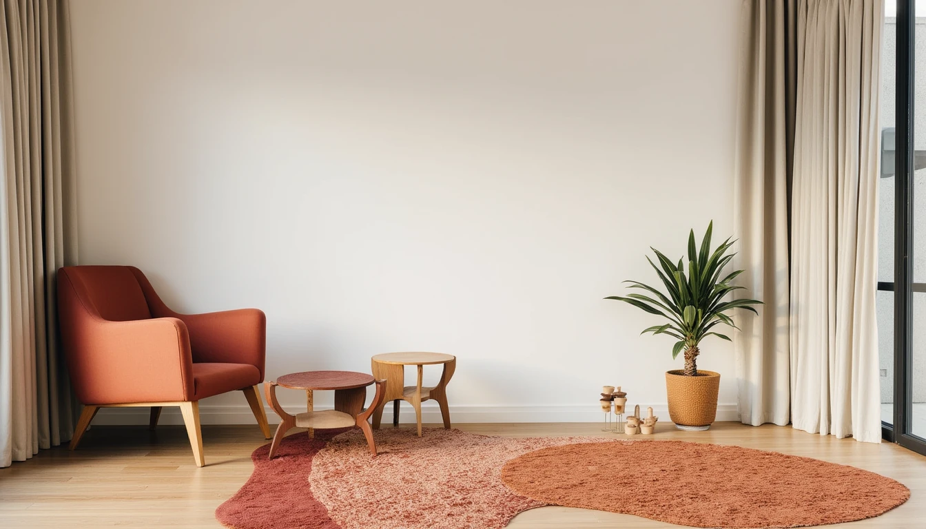 Terracotta and rust toned colorful rug on wood floor beside a clay colored armchair