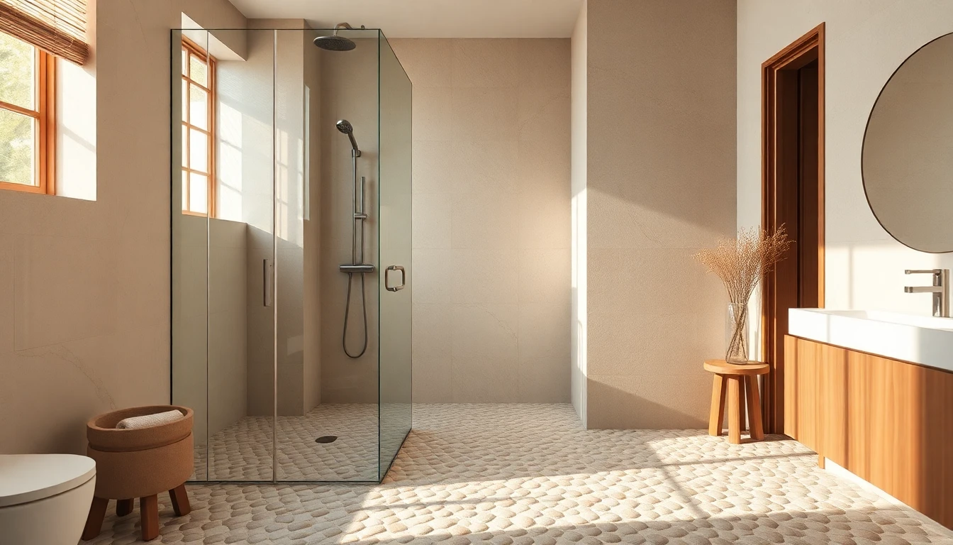 Natural river pebble tile flooring inside a walk,in shower with warm wood accents