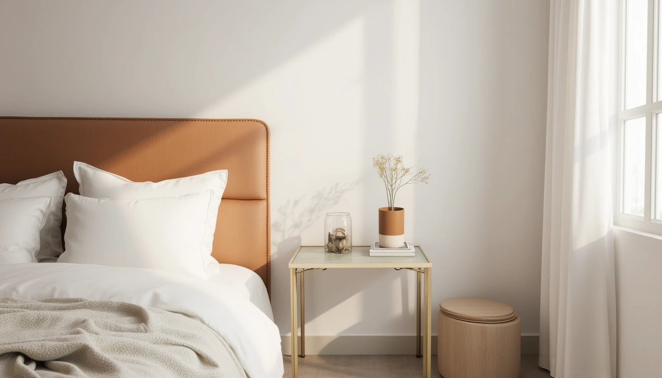 small glass-top nightstand with a thin metal frame beside a bright minimalist bedroom