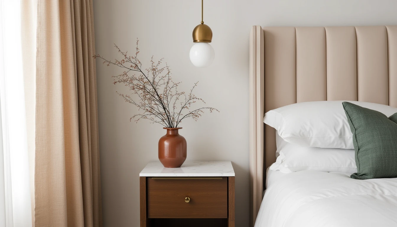 small marble-top nightstand with brass legs beside a tailored upholstered headboard