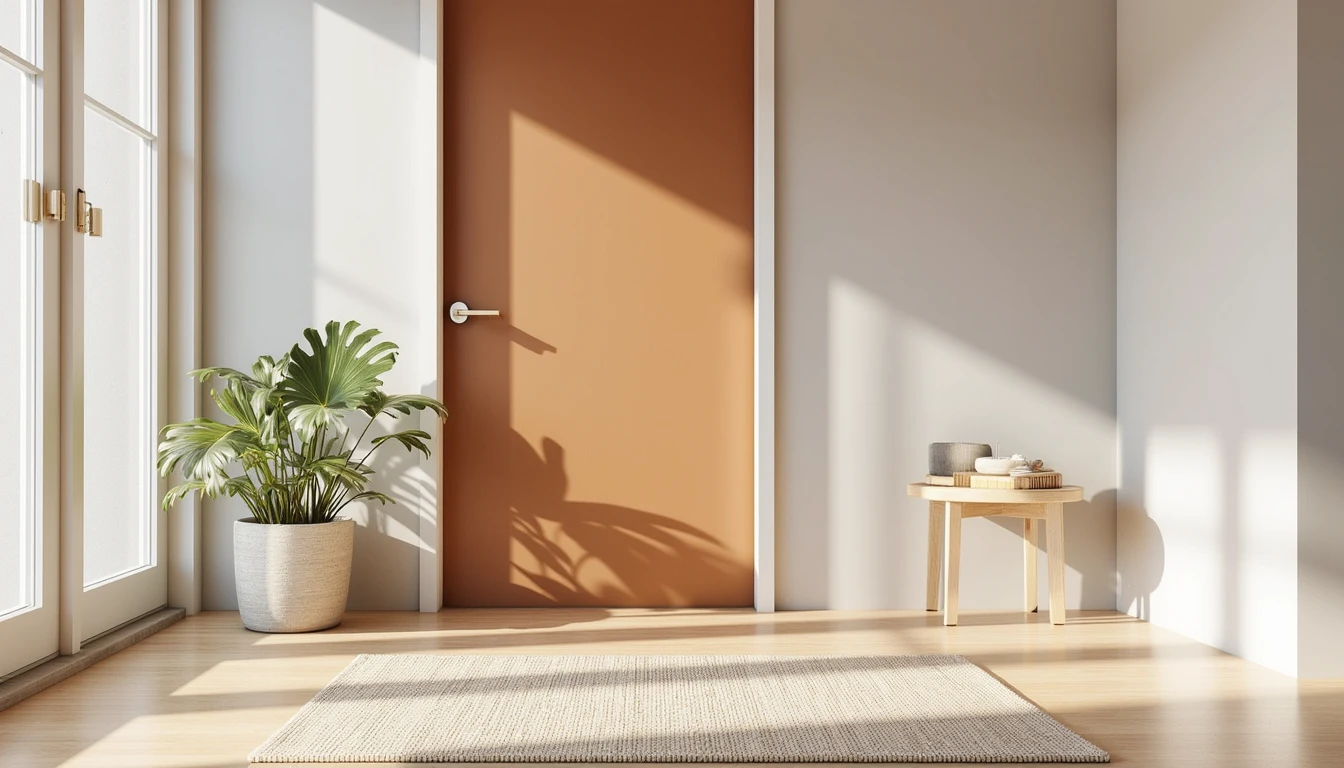 small patterned rug placed just inside a front door on light hardwood flooring