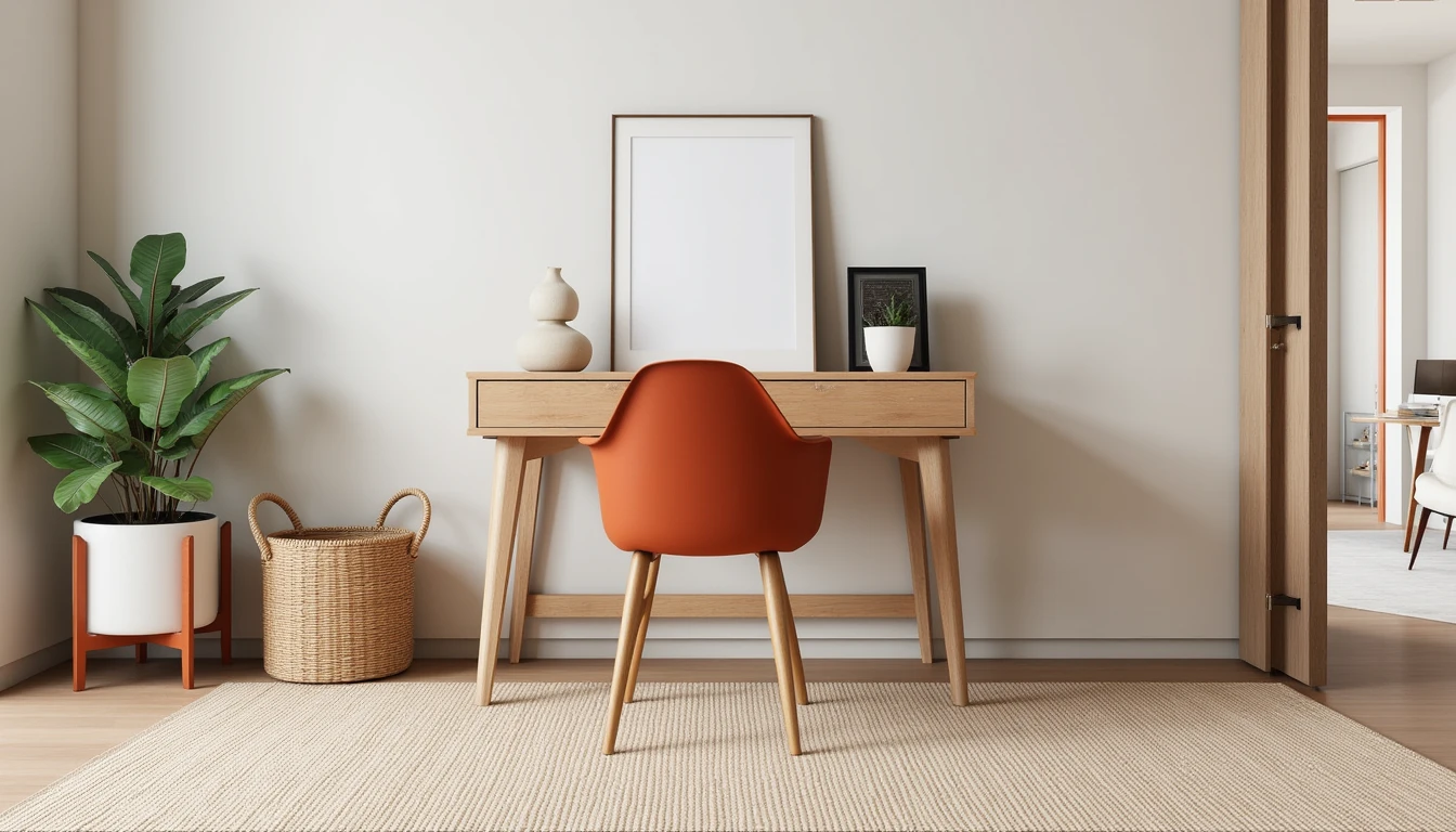 small flatweave rug under a compact desk in a home office corner of a living room