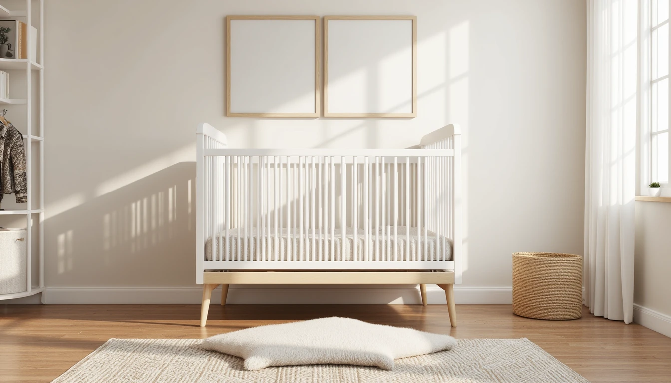 small plush shag rug in soft neutral tones placed beside a crib in a nursery