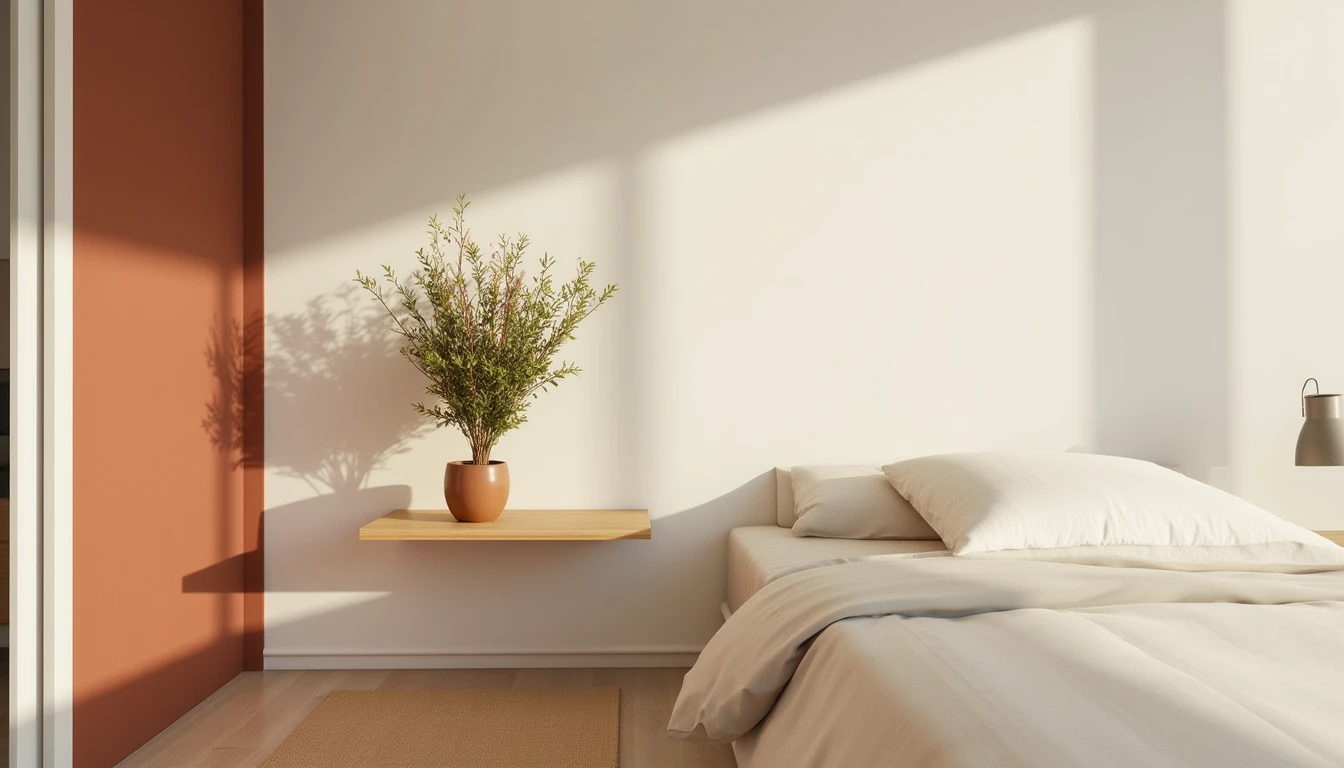 floating wooden shelf mounted on a bedroom wall used as a minimalist bedside surface