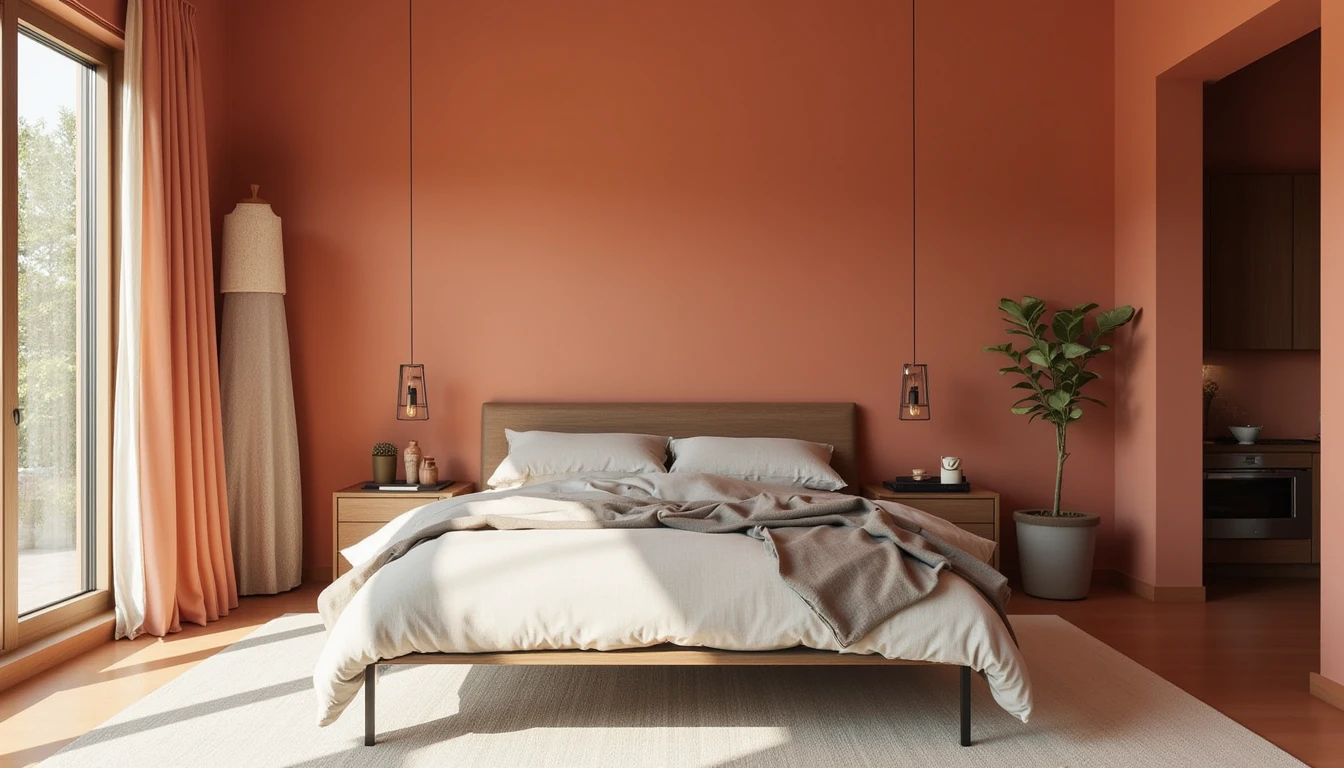 bedroom fully color drenched in deep terracotta with linen bedding and brass accents