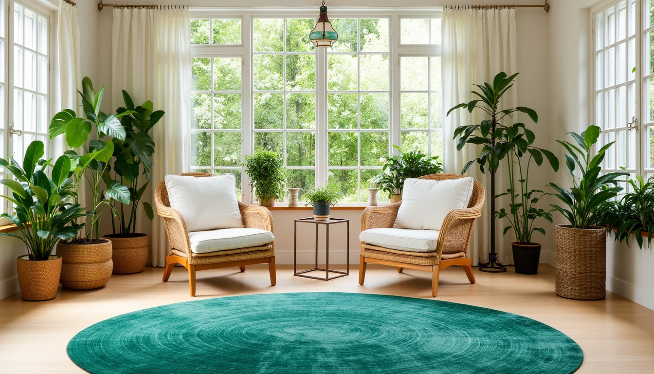 Deep emerald green rug in a plant filled sunroom with natural light and wicker chairs