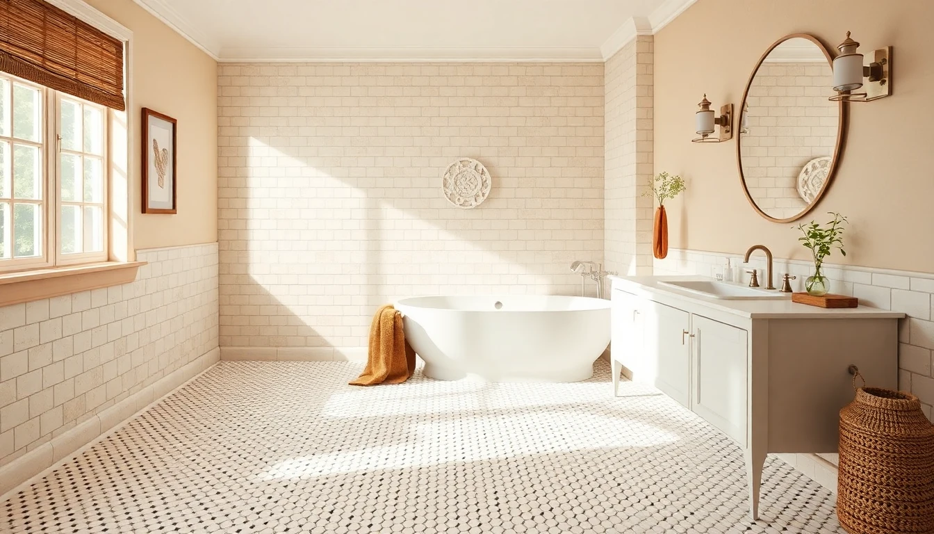 Small white and black hexagon mosaic tile flooring in a classic bathroom setting