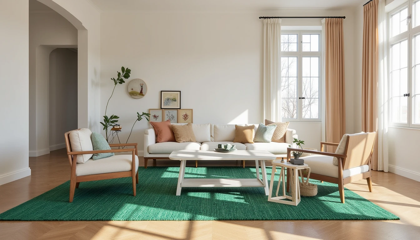 Living room with deep emerald green colorful rug anchoring a neutral sofa and warm wood furniture