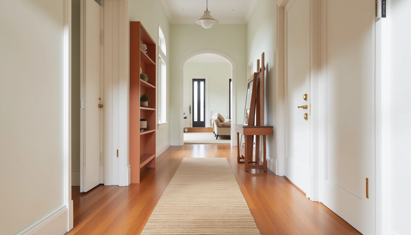 slim woven runner rug stretching down a narrow hallway with warm wood flooring