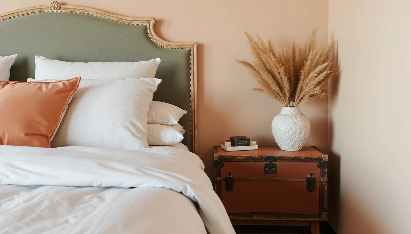 small vintage leather trunk used as a bedside table beside an antique bed frame
