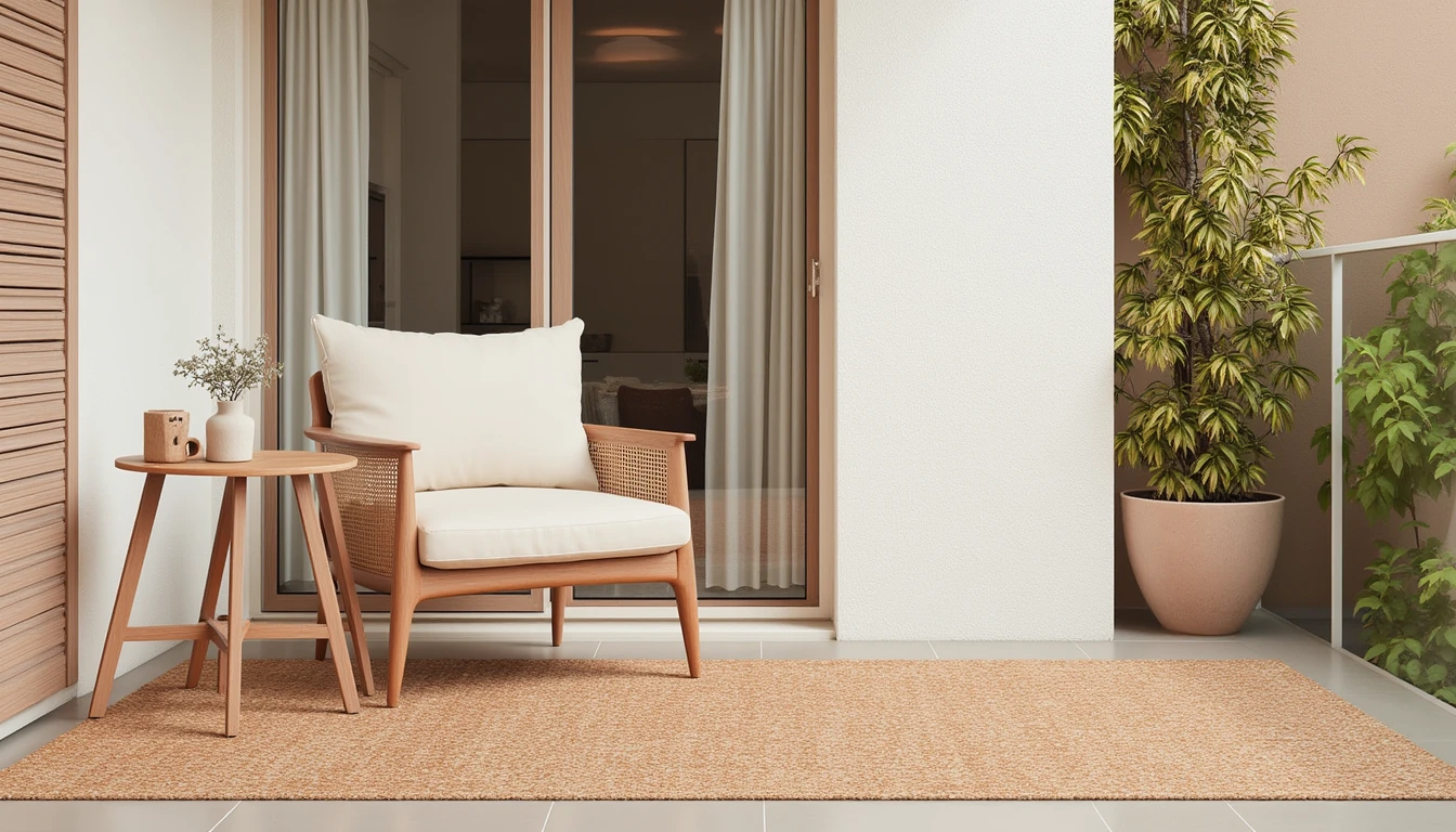 small weather-resistant outdoor rug on a narrow balcony with a bistro chair
