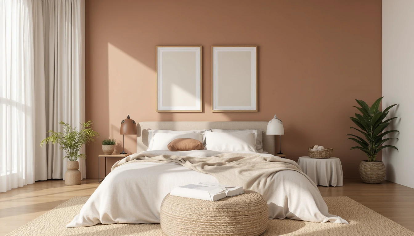 warm taupe color drenched bedroom with neutral linen bedding and soft daylight