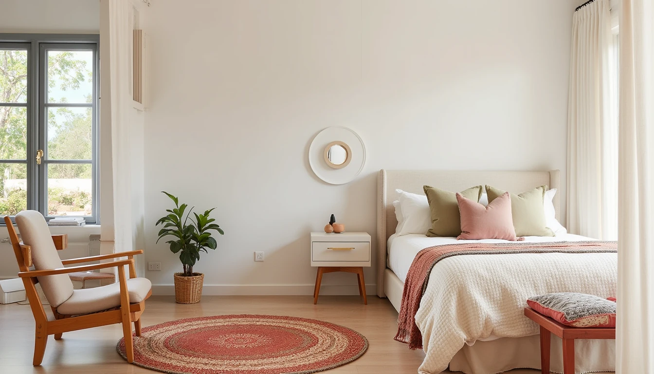 Small colorful accent rug beside a bedside table in a neutral toned bedroom
