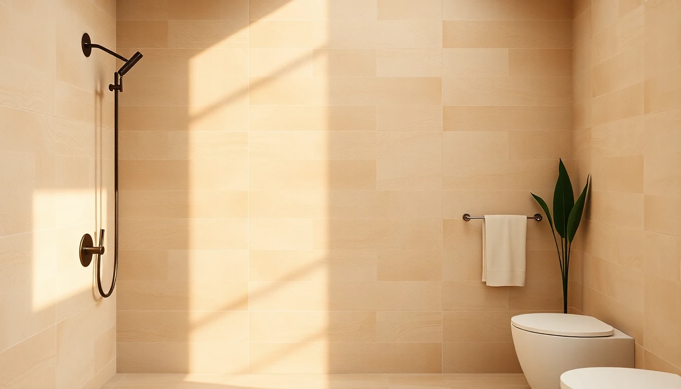 Bathroom shower wall covered in large,format warm stone tile with minimal grout lines and soft daylight