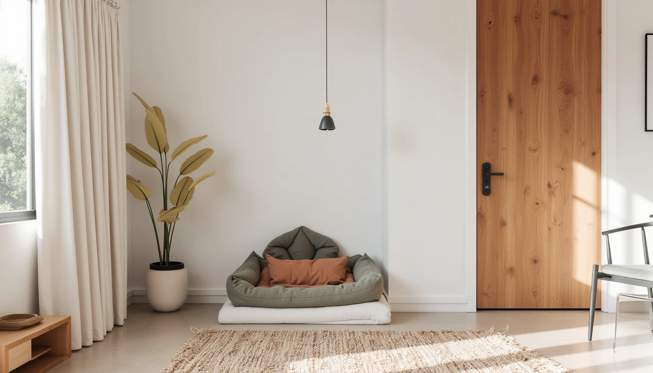 small durable rug placed beneath a dog bed in the corner of a living room