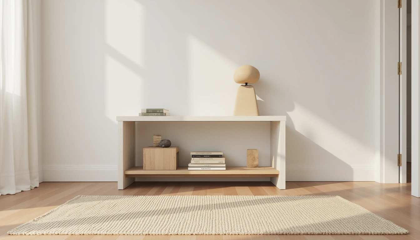 small rectangular rug beneath a slim console table styled with books and a lamp