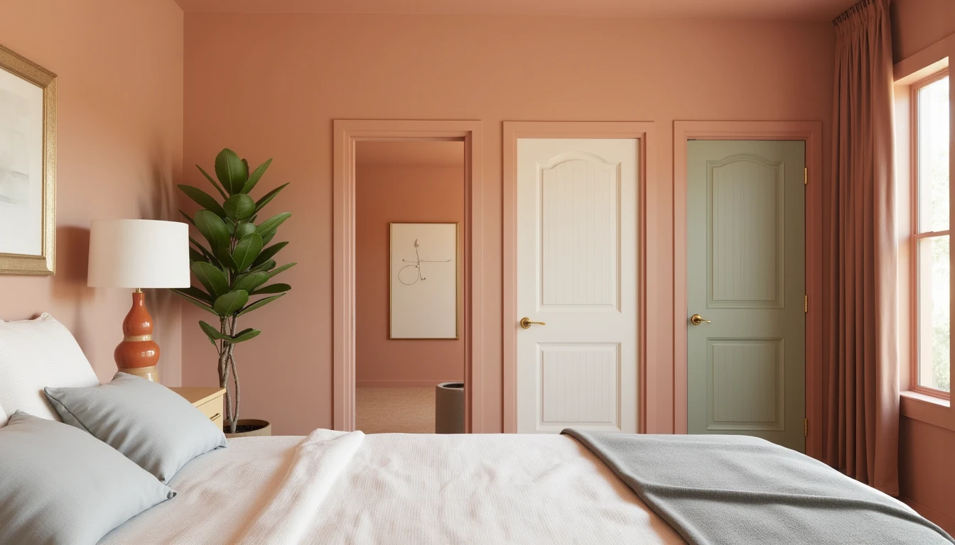 color drenched bedroom with door and window trim painted the same tone as the walls