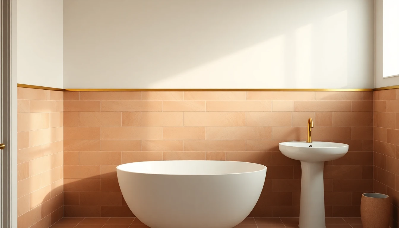 Bathroom wall split horizontally between cream tile above and terracotta tile below with a slim brass trim line