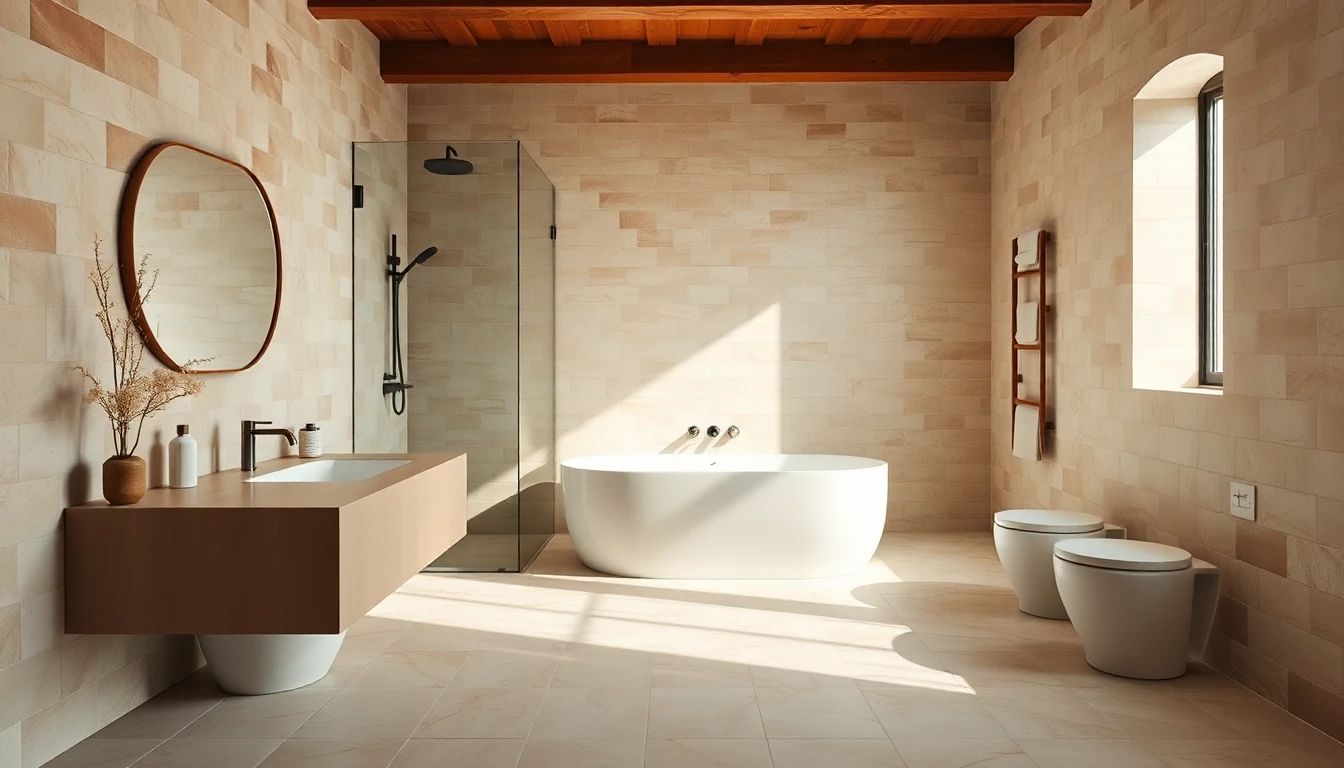 Fully tiled open wet room bathroom with a curbless shower and continuous floor tile throughout