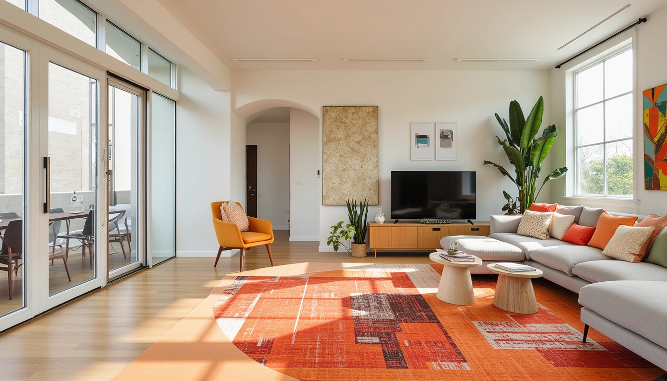 Large bold colorful rug defining the living area within an open concept loft space
