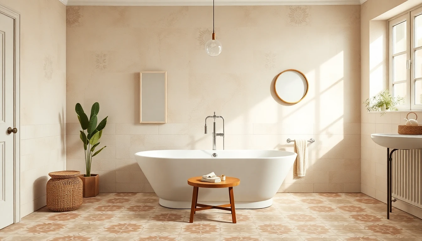 Faded vintage,style encaustic cement tile flooring with a soft geometric pattern in muted tones
