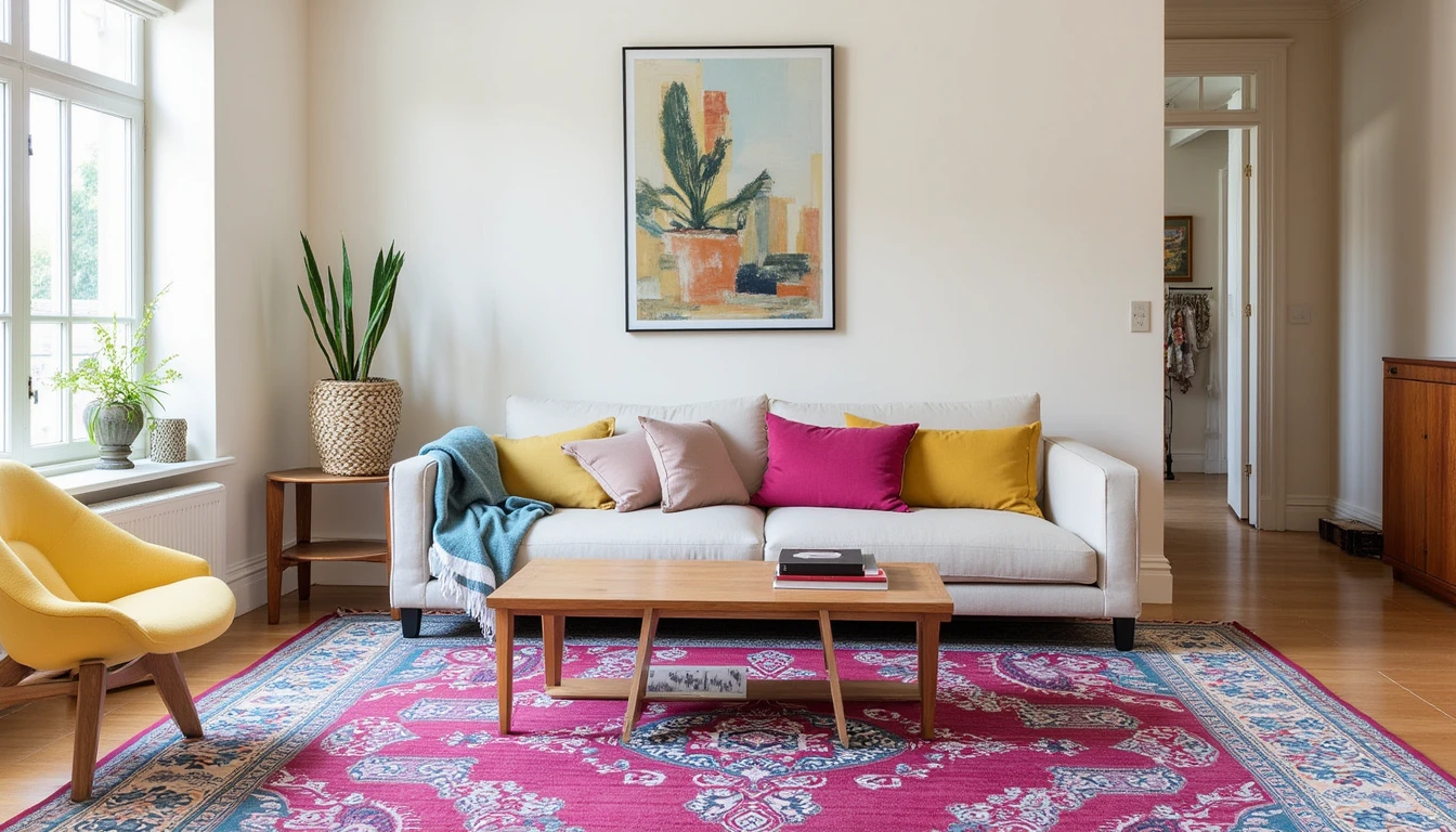 Overdyed vintage rug in deep fuchsia and teal tones in a traditional style living room