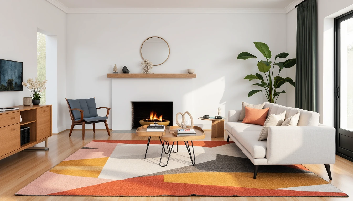 Bold geometric colorful rug in a contemporary living room with clean lined furniture