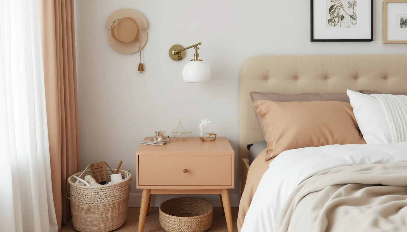 small rounded-edge nightstand painted a soft color beside a child's bed