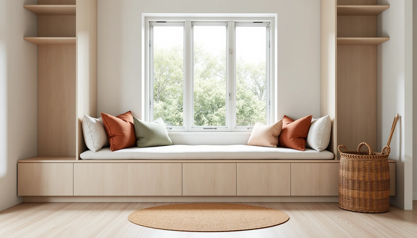 small cushioned rug placed at the base of a built-in window seat with pillows