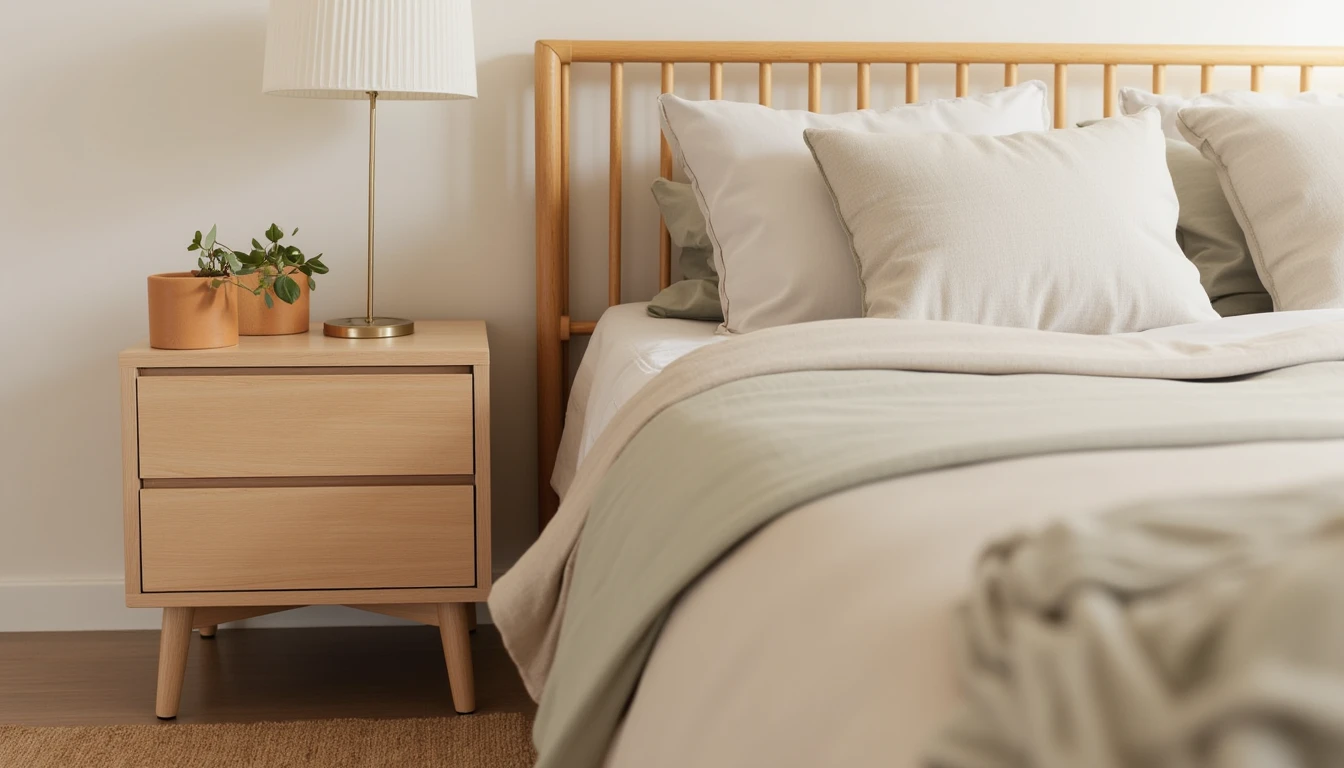 small two-drawer wooden nightstand beside a neatly made bed with warm linen bedding