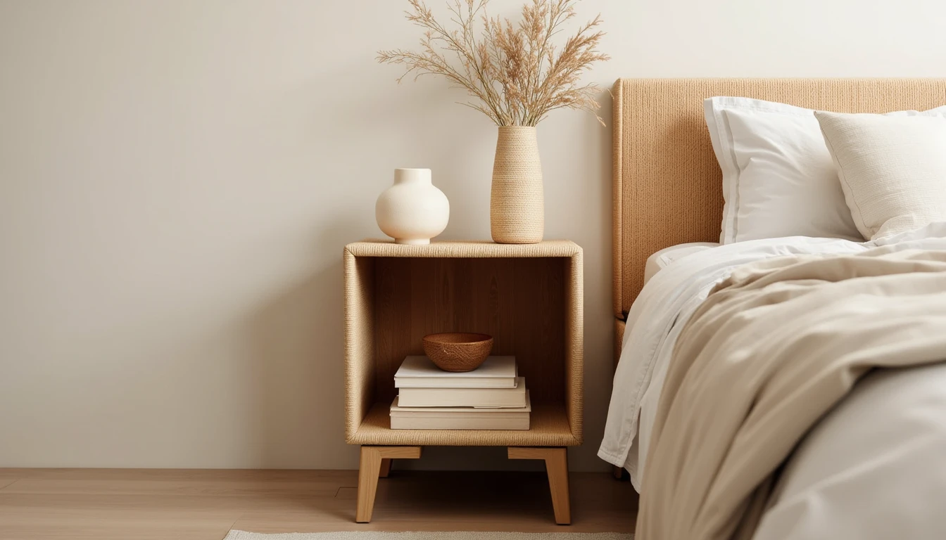 woven rattan nightstand with an open shelf beside a bed dressed in natural linen