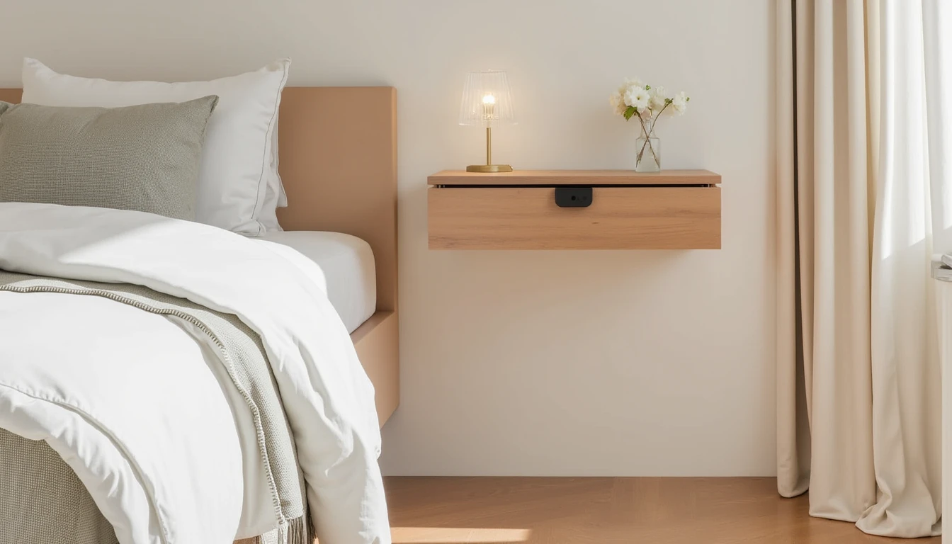 wall-mounted fold-down table in a tiny studio apartment bedroom, folded flat against the wall