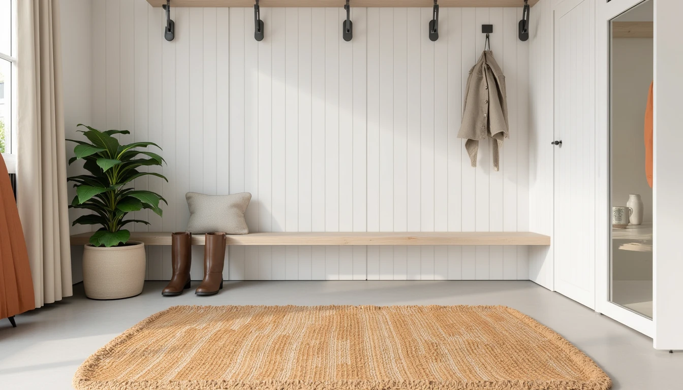 small durable rug in a mudroom with boots and coat hooks along the wall