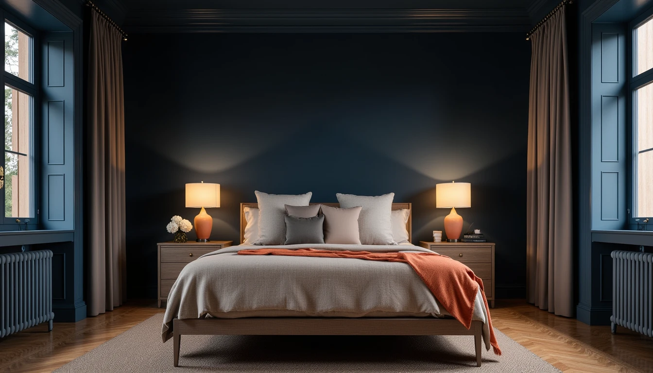 inky navy color drenched bedroom at dusk with warm lamp lighting