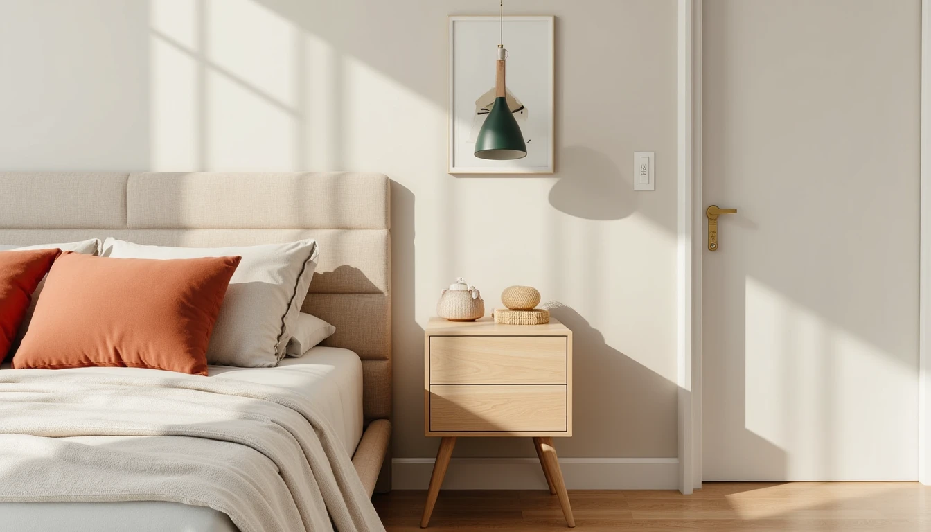 single-drawer minimalist wooden nightstand with clean lines in a pared-back bedroom