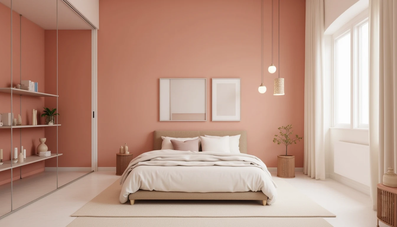 plaster pink color drenched bedroom with matte walls and minimal decor