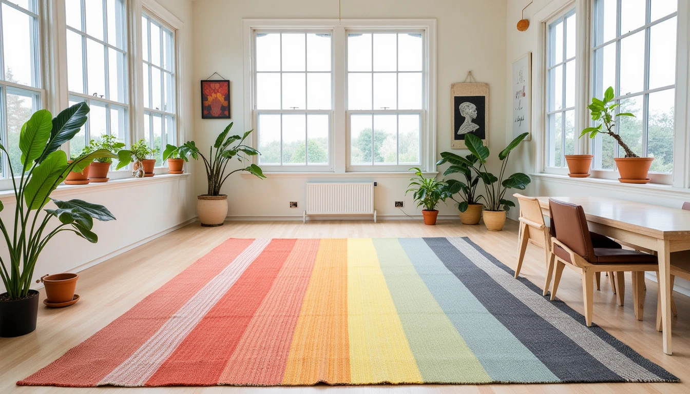 Rainbow striped colorful rug in a bright sunroom with white walls and potted plants
