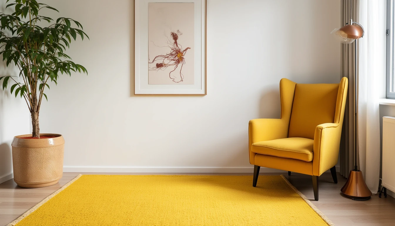 Sunny yellow rug in a small reading nook with a wingback chair and floor lamp