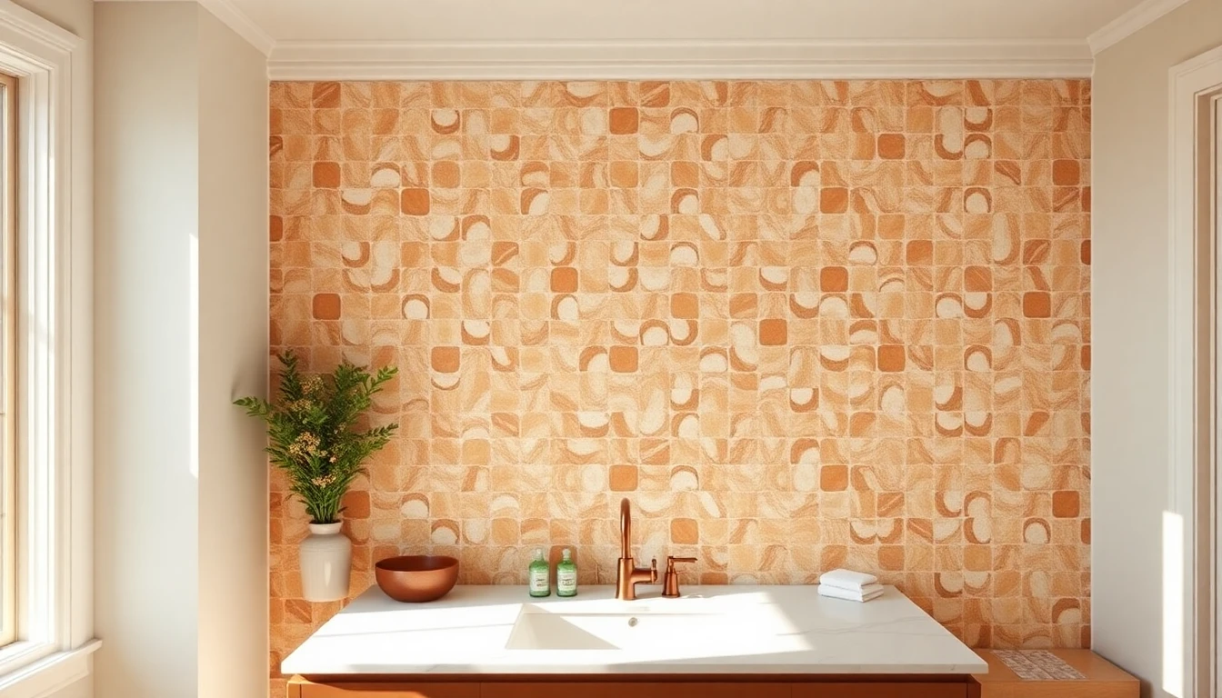 Patterned tile backsplash rising behind a bathroom vanity with a marble countertop