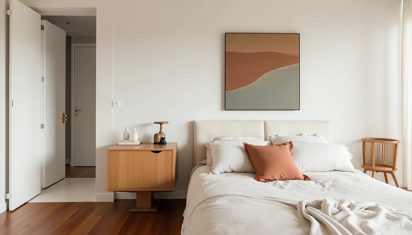 small single-door pedestal cabinet used as a nightstand in a streamlined bedroom