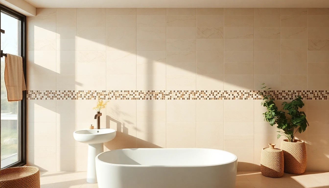 Bathroom wall combining large,format tile with a small mosaic border strip at eye level