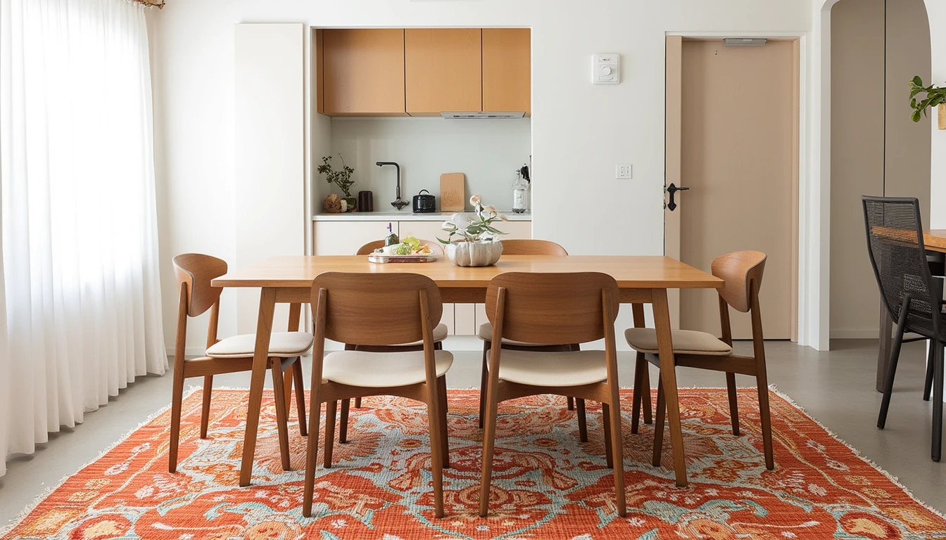 Colorful patterned rug beneath a wooden dining table with mismatched chairs