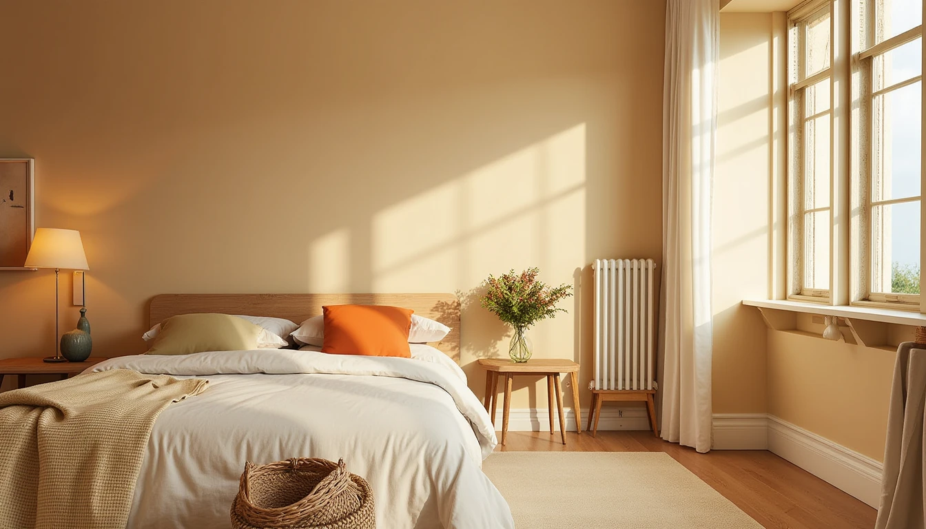 muted mustard color drenched bedroom with warm afternoon sunlight